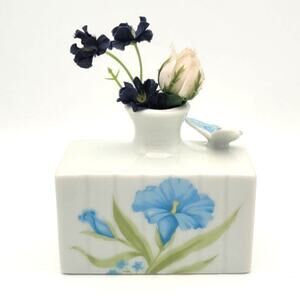 Vintage White Bottle Bud Vase w/ Faux Flowers & Butterfly Blue and White 3.5″